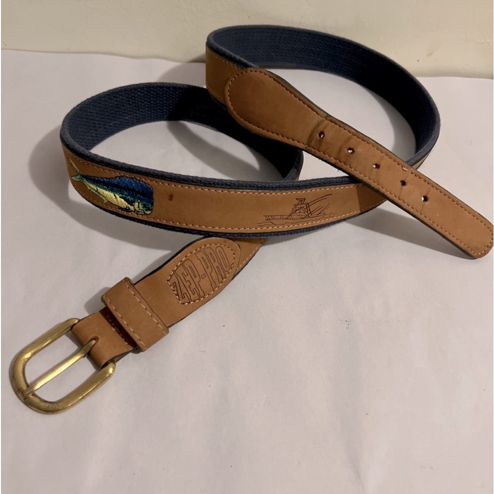 Zep Pro Belt Mens 46 Leather & Canvas Brass Buckle Embroidered Tooled USA Mahi